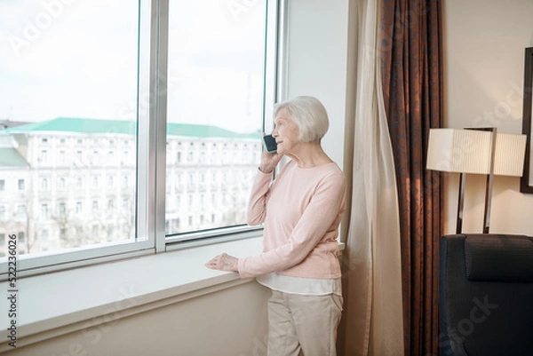 Fototapeta Elderly lady near the window with a smartphone in hand