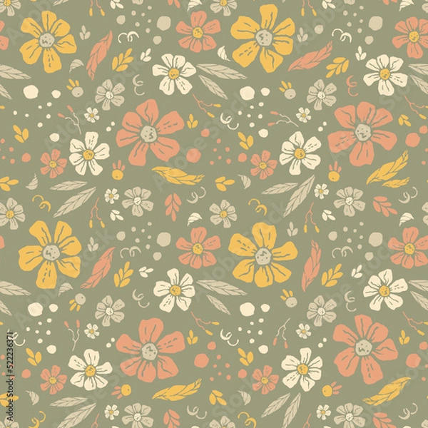 Fototapeta Colorful garden with flowers and leaves, Botanical seamless pattern, Vector background for for textile, fabric, wrapping paper, linens, wallpaper etc