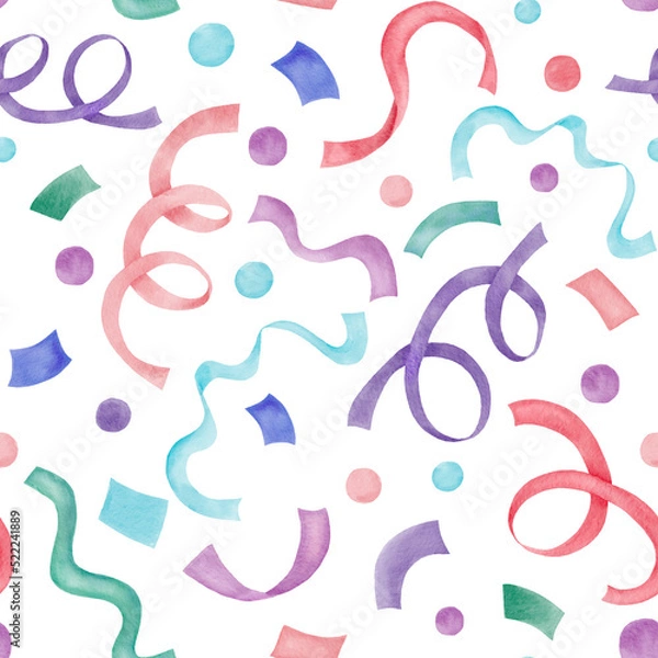 Obraz Colorful multicolored seamless pattern of confetti and party ribbons. Hand drawn drawing isolated on white background