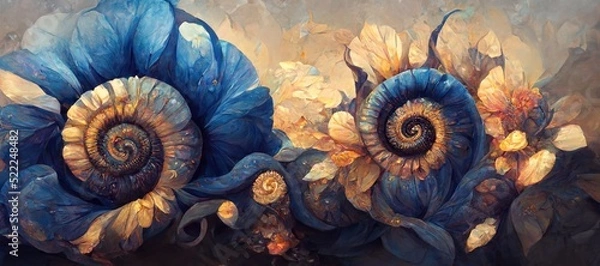 Fototapeta Unusual and strange alien looking ammonite flowers blooming. Surreal floral fantasy forest in gorgeous lapis lazuli and aquamarine blue colors of the imagination.