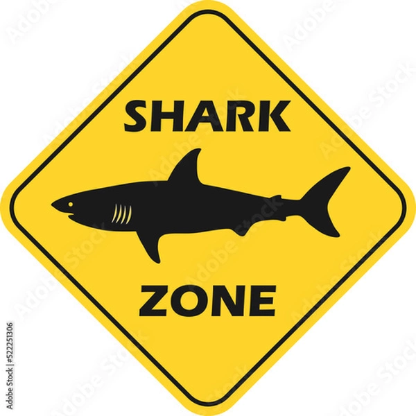 Obraz Shark zone warning. Sharks sighted danger symbol board. Marine caution sign. Do not swim. Predator attack.