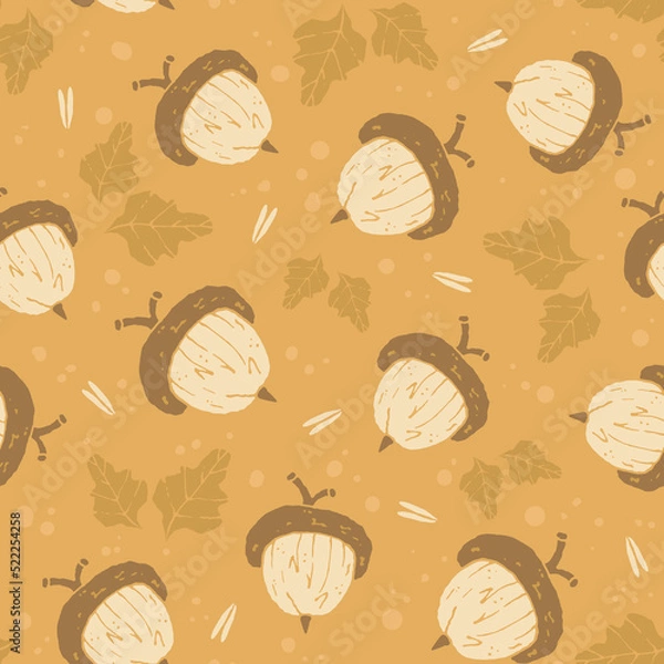 Fototapeta Autumn seamless pattern with acorns and leaves, Fall vector background for invitation, print, postcard, fabric, wrapping paper, wallpaper.