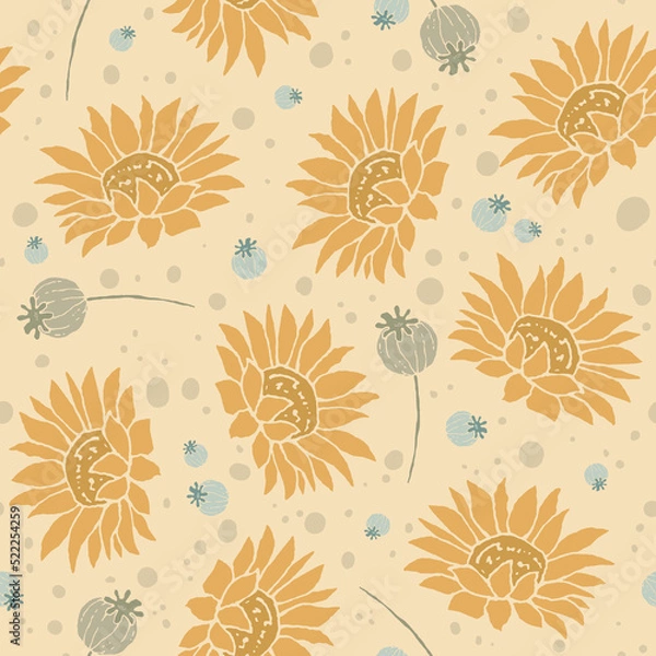 Fototapeta Autumn seamless pattern with sunflowers, Fall vector background for invitation, print, postcard, fabric, wrapping paper, wallpaper.