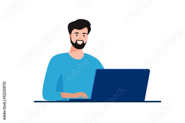 Fototapeta Man sitting and working at laptop. Manager, office worker. Vector illustration isolated on white background