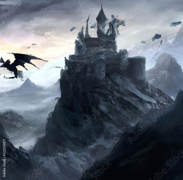 Fototapeta Mystic dark fantasy medieval castle with dragons flying in the sky, rocky landscape. Fantastic world digital art painting. Large resolution poster or canvas print with oil painting realistic imitation