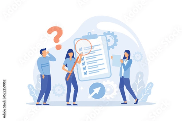 Fototapeta Office Work, Recruitment, HR Service Concept. HR Manager Interviewing Female Worker, Checking Resume Of Candidates, Hiring Right Employees For Company. flat design modern illustration