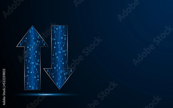 Fototapeta Abstract up and down arrows on dark blue background. The concept of digital traffic or exchange. Business growth or investment ideas. blue arrow technology background
