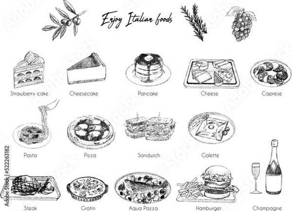 Fototapeta Various sketch italian foods illustration