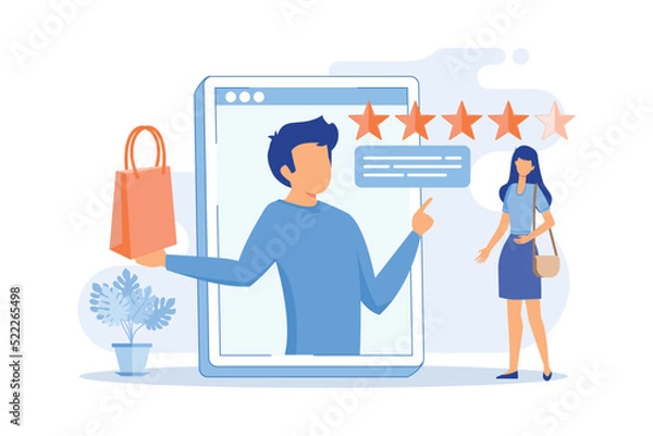 Fototapeta Product review Social media review, online rating service, content marketing tools, customer feedback, new product rating, recommendation flat design modern illustration