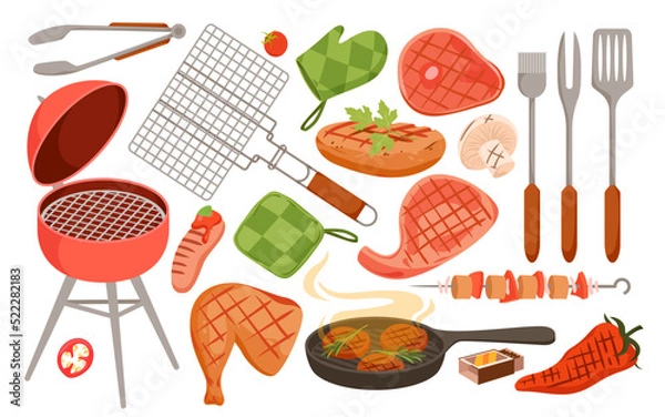 Fototapeta Isolated barbeque menu set for summer party with meat on skewer and sausage, beef steak and vegetables, kitchen equipment and tools. BBQ set, hot barbecue grilled food vector illustration