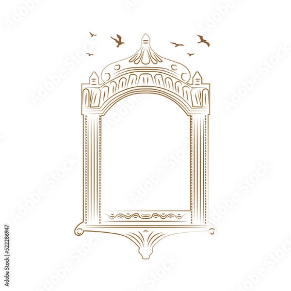 Fototapeta Jharokha vector illustration. Window architecture illustration. Jharokha with Birds illustration. Line art arch illustration. Flying Birds illustration. Rajasthani Jharokha vector.	