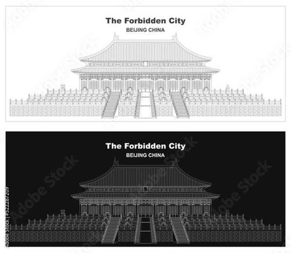 Fototapeta Layered editable vector illustration outline of ancient royal palace in the forbidden city,Beijing,china.