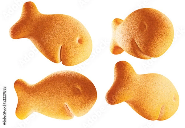 Obraz Fish Shaped Crackers on a White Background. 3d illustration
