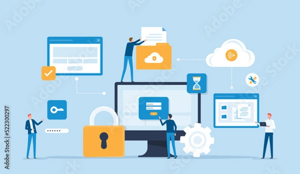 Fototapeta flat vector business technology document management system storage backup concept and cloud server service with administrator and developer team working concept