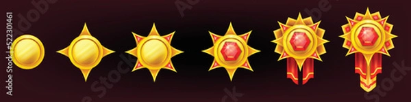 Fototapeta Game badge medal set, red ribbon, winner gift star, UI level up frame icon, golden ranking award. Coni achievement asset kit, victory trophy emblem, casino bonus symbol. Quality game badge collection