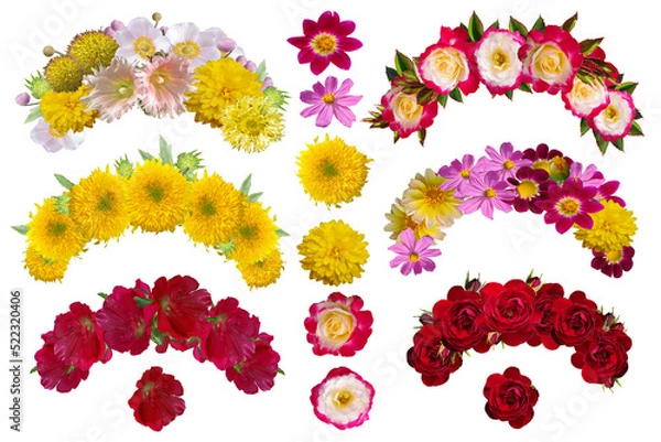 Fototapeta Floral wreaths on the head of different colors isolated on white background.