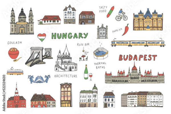 Fototapeta Travel Budapest Hungary vector objects and architecture illustrations set