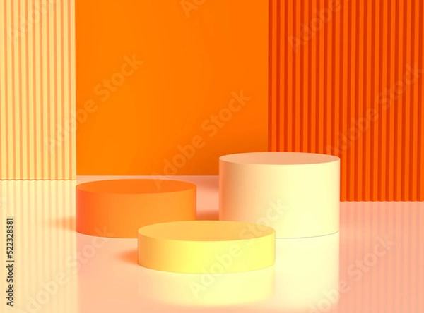 Obraz Orange podium minimal scene with orange, yellow cylinder and geometry backdrop. 3d illustration.
