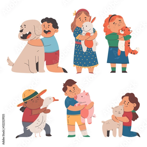 Obraz Kids hugging animals and pets vector cartoon set isolated on a white background.