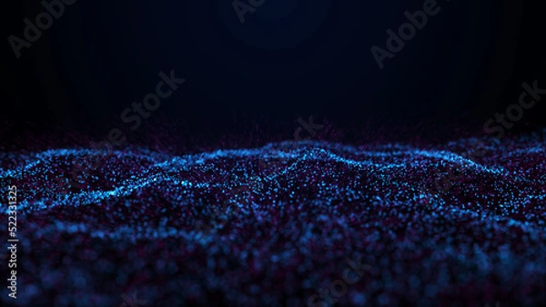 Obraz A wave of particles. Abstract background with dynamic blue wave. Blue background with moving particles. Science and technology. 3d rendering.