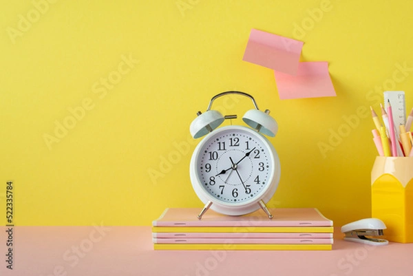 Fototapeta Back to school concept. Photo of school accessories on pink desk alarm clock stack of copybooks stand for pens mini stapler and sticky note paper attached to yellow wall