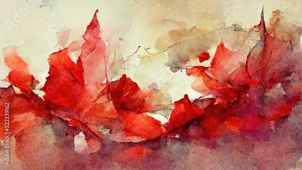 Fototapeta Red watercolor with abstract shapes and forms on yellow, brown paper. Water paint texture, water splatter, textured background in 4k. Artistic design, rough vintage look.
