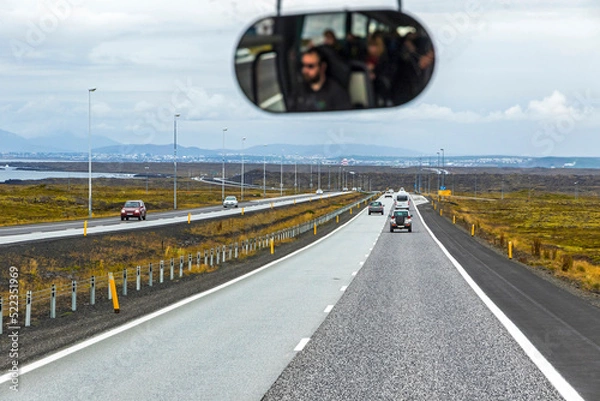 Obraz View of Route 41, known as Reykjanesbraut in Icelandic, highway and the main road in southwest Iceland, running along the northern shore of Reykjanes Peninsula from KeflavÃ­k Airport to Reykjavik
