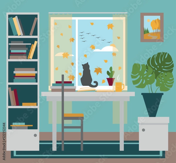 Fototapeta Vector interior: bookshelf, table, books, picture, chair, window with autumn outside, cat, plants. For design illustrations, card, poster.