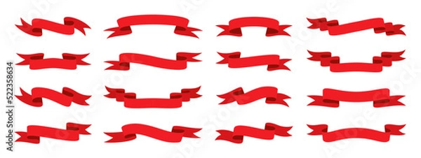 Fototapeta Red ribbon flat set. Blank tape banner for advertising promotion, sale text, heading, title decoration, badge, emblem, frame. Curled, scroll ribbons. Elegant retro flag, background stripe