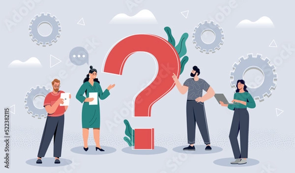Obraz Problem solving concept. Men and girls next to big question mark. Technical support and feedback, frequently asked questions, informing customers and answers. Cartoon flat vector illustration