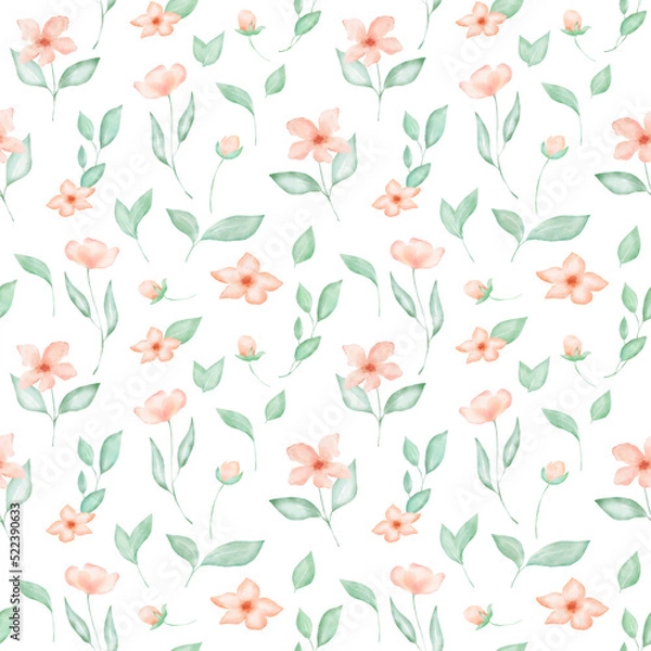 Fototapeta Watercolor floral seamless pattern with pink flowers and leaves. Spring colorful decor with illustrations on white background