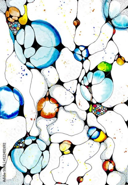 Fototapeta A hand drawn and multicoloured abstract watercolor art painting in a neurographic style with spheres and wavy lines