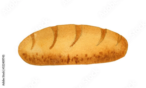 Fototapeta Baton bakery product hand drawn watercolor illustration. Fresh bread on an isolated background. For bakery menu and craft confectionery design.