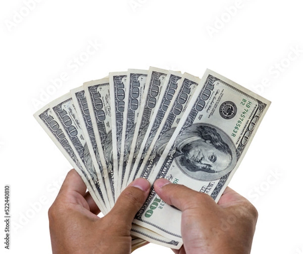 Obraz Man hand holding 100 dollar banknote isolated