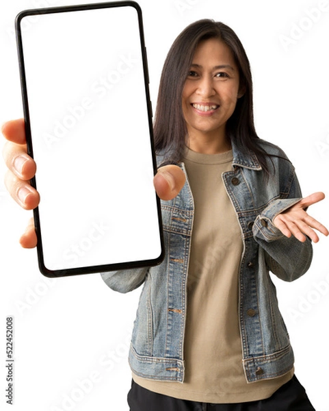 Obraz Happy asian woman holding big smartphone with empty free space for mock up