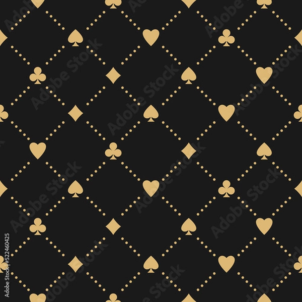 Obraz Golden seamless pattern with card suits - hearts, clubs, spades and diamonds. Casino gambling, poker wallpaper. Alice in wonderland ornament on black background