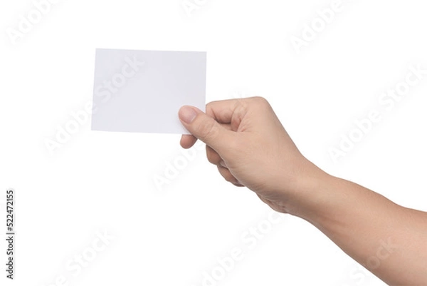 Fototapeta Hand holding white paper isolated on white with clipping path.