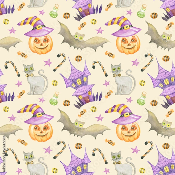 Fototapeta Watercolor seamless happy halloween pattern with haunted house,pumpkin,gray cat,bat,candy cane,sweet candy and stars isolated on beige background.For  children textile,halloween,wrapping,package.