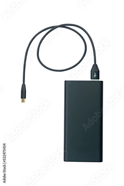 Fototapeta Power bank with white cable isolated on white background with clipping path