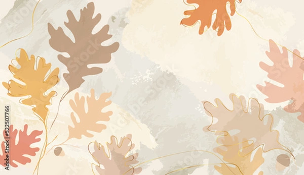 Fototapeta Autumn foliage on watercolor vector background. Abstract wallpaper design with oak leaves, line art, acorns. Elegant fall season botanical illustration suitable for fabric, prints, cover