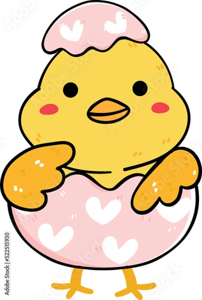 Obraz cute baby yellow chicken in cracked easter egg shell, animal doodle