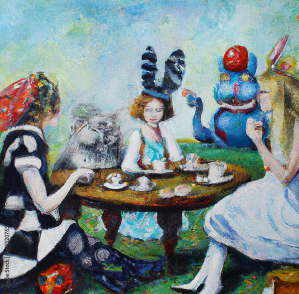 Fototapeta Alice in Wonderland motifs mad tea party. Lewis Carroll fairy tale with mad crazy characters. Digital oil painting art. Illustration for print on poster, card, canvas, cover. Surreal artwork