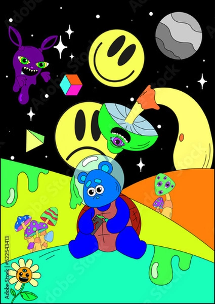 Obraz Space poster. Vector crazy illustration. Magic mushrooms, cosmos, techno, acid, trippy style. Psychedelic poster. Surrealism