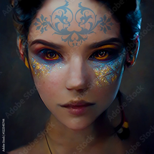 Fototapeta portrait of a woman with fantasy makeup, digital painting, concept illustration