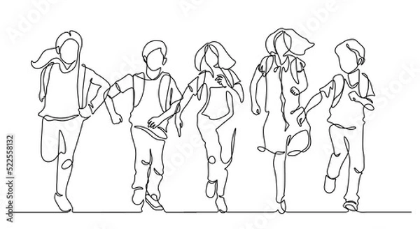 Fototapeta continuous line drawing of friends group enjoy school finish