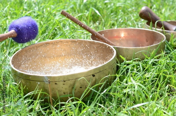 Fototapeta Harmonizing the water in the tibetan singing bowls on the grass - music instruments for meditation, relaxation after yoga practice and healing massage