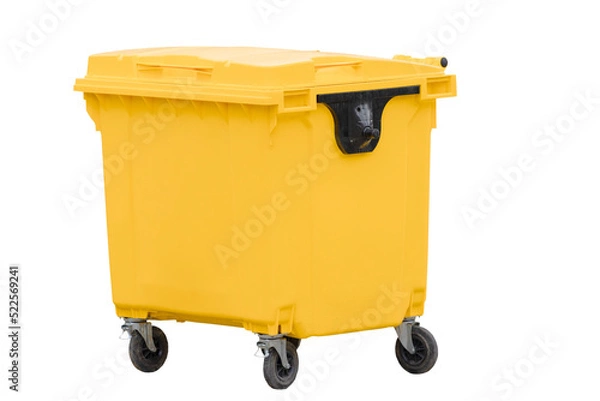 Fototapeta yellow plastic bin on wheels with closed lid for separate waste collection isolated on white background