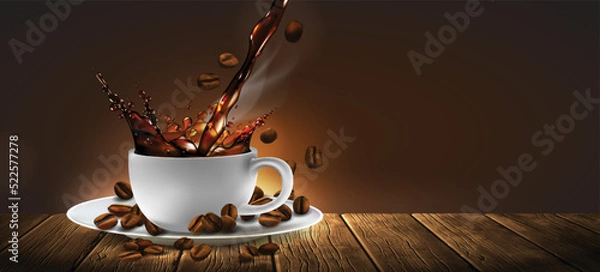 Fototapeta Cup of coffee with splash effect, coffee beans, transparent background.  3D vector. High detailed realistic illustration