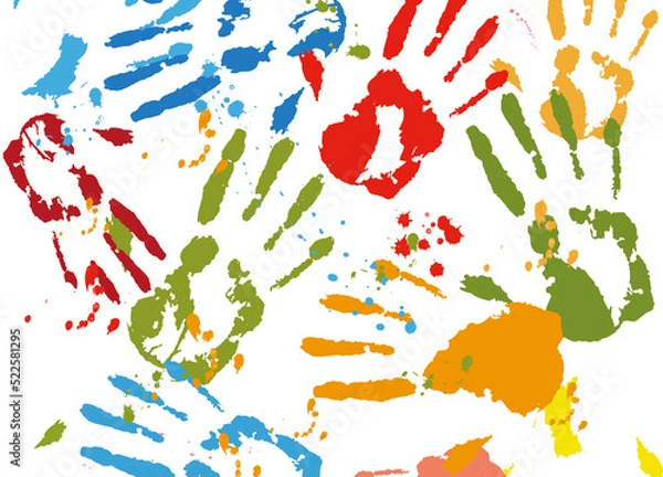 Fototapeta kunterbunte Handabdrücke von Kindern mit Kleckse