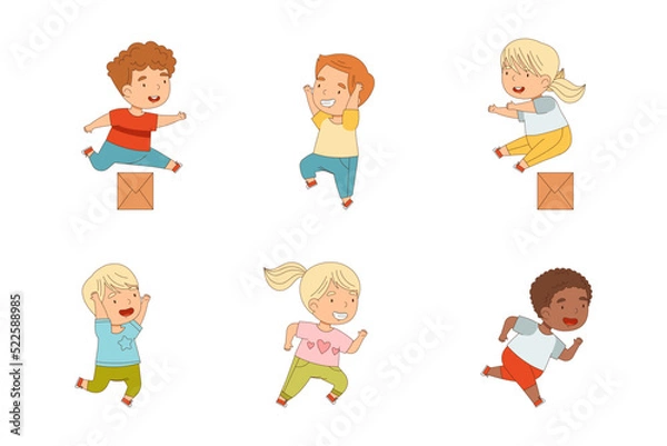 Fototapeta Cute Kids Running and Rushing at Full Speed Vector Set